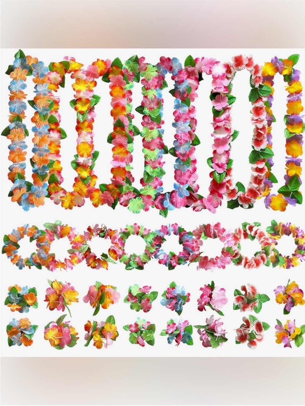 32pcs Hawaiian Leis , Necklace Flowers Bracelets Headband, Tropical Hawaiian